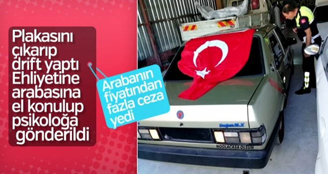 Plakasız otomobille drift atıp kaçan sürücüye rekor ceza