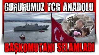 Boğaz'da tarihi anlar: Dünyanın ilk SİHA gemisi TCG Anadolu Cumhurbaşkanı Erdoğan'ı selamladı