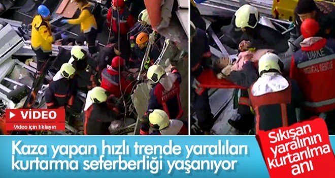 Tren kazasında yaralı yolcunun kurtarılma anı